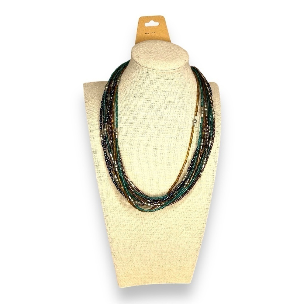 BEADED LAYERED NECKLACE GREEN EARTH TONES SILVER BROWN